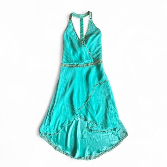 Laundry by Shelli Segal Silk Aqua Beaded Halter Dress Size 4 Bias Cut - Picture 4 of 8